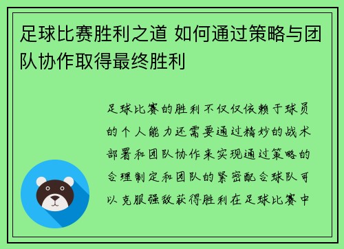 足球比赛胜利之道 如何通过策略与团队协作取得最终胜利