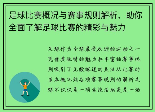 足球比赛概况与赛事规则解析，助你全面了解足球比赛的精彩与魅力