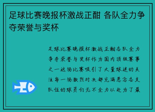 足球比赛晚报杯激战正酣 各队全力争夺荣誉与奖杯