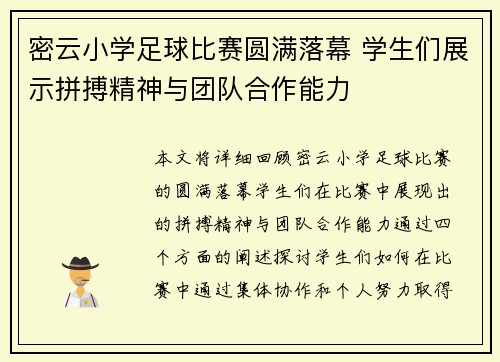 密云小学足球比赛圆满落幕 学生们展示拼搏精神与团队合作能力