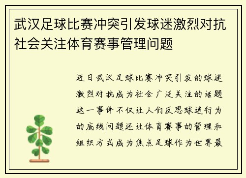 武汉足球比赛冲突引发球迷激烈对抗社会关注体育赛事管理问题