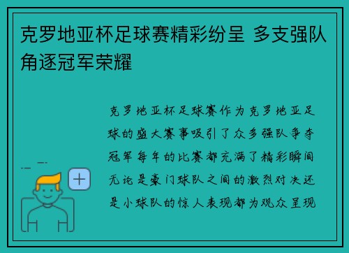 克罗地亚杯足球赛精彩纷呈 多支强队角逐冠军荣耀