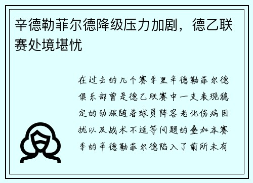 辛德勒菲尔德降级压力加剧，德乙联赛处境堪忧