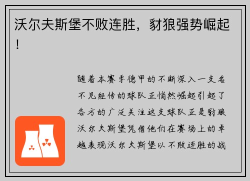 沃尔夫斯堡不败连胜，豺狼强势崛起！