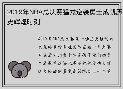 2019年NBA总决赛猛龙逆袭勇士成就历史辉煌时刻