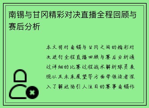 南锡与甘冈精彩对决直播全程回顾与赛后分析