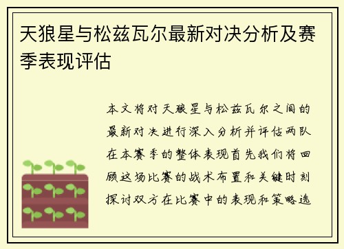 天狼星与松兹瓦尔最新对决分析及赛季表现评估