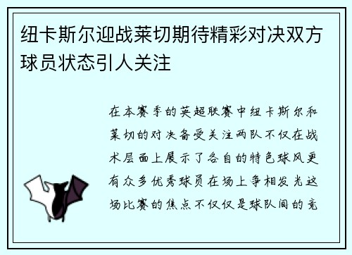 纽卡斯尔迎战莱切期待精彩对决双方球员状态引人关注