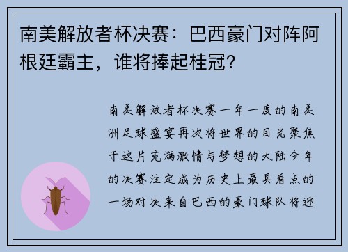 南美解放者杯决赛：巴西豪门对阵阿根廷霸主，谁将捧起桂冠？