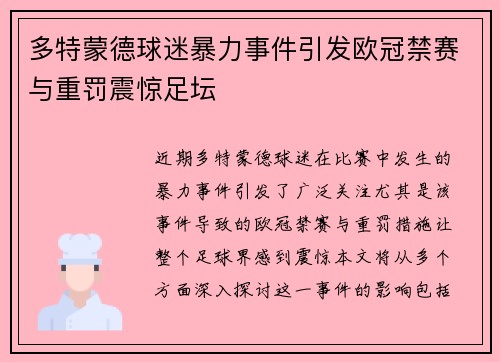 多特蒙德球迷暴力事件引发欧冠禁赛与重罚震惊足坛