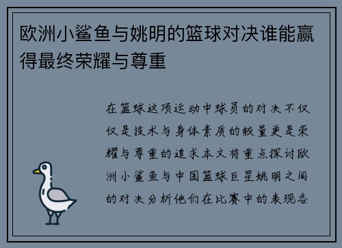 欧洲小鲨鱼与姚明的篮球对决谁能赢得最终荣耀与尊重