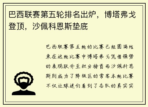 巴西联赛第五轮排名出炉，博塔弗戈登顶，沙佩科恩斯垫底