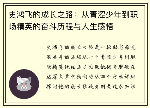 史鸿飞的成长之路：从青涩少年到职场精英的奋斗历程与人生感悟