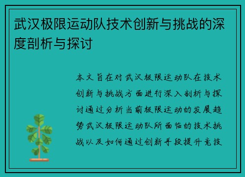 武汉极限运动队技术创新与挑战的深度剖析与探讨